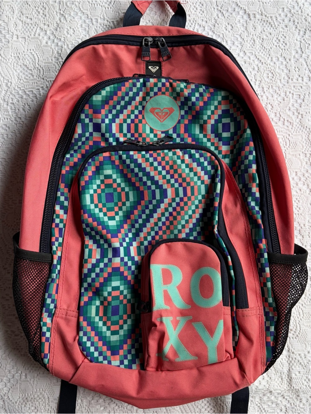 Y2K Roxy Full Size Backpack Pink Blue Teal Geometric Pixel Design